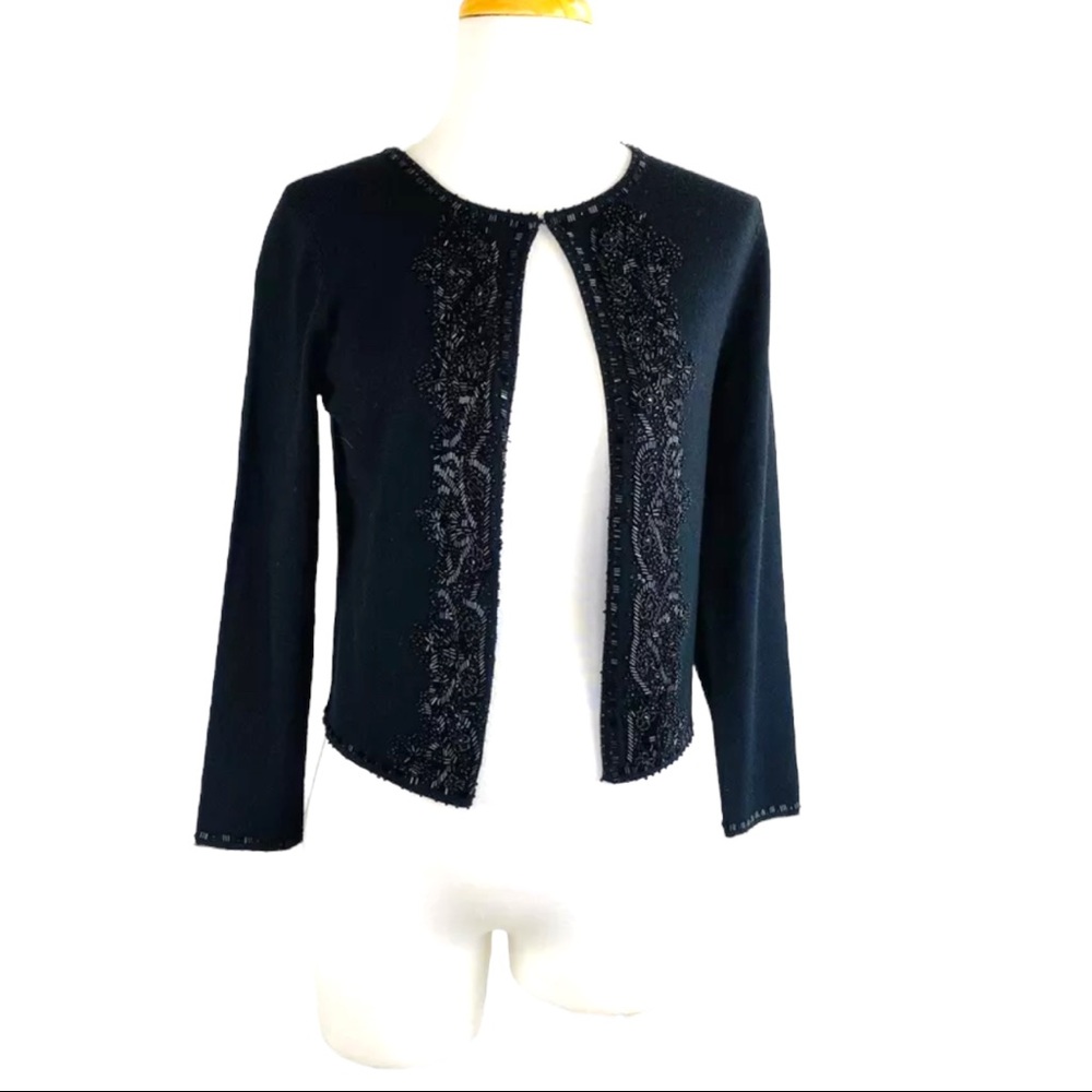 BROOKS BROTHERS Open Front Sweater Fine Merino Italian Wool Hand Beaded Black XS - Picture 9 of 12